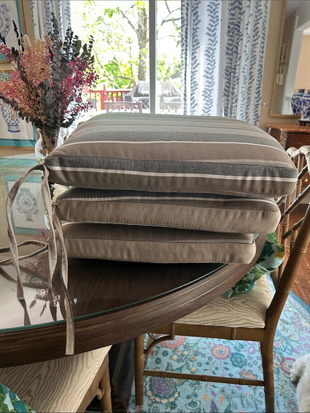 Striped Outdoor Seat Cushions - Taupe and Gray. SUNBRELLA.  By HANAMINT